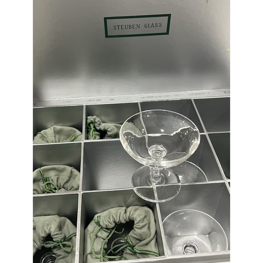 SET OF 8 Steuben Crystal Coupe Glasses In Original Box, Vintage